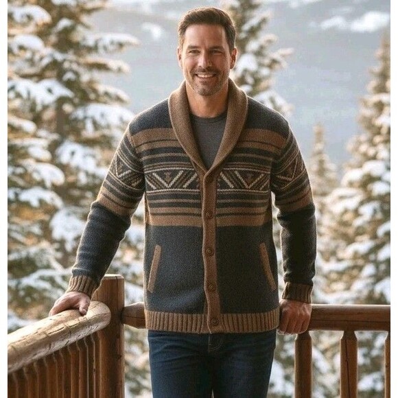 ROWN Men Cardigan Button Sweater XXL Blue Brown Preppy Work Outdoors Grandpacore - Picture 1 of 16